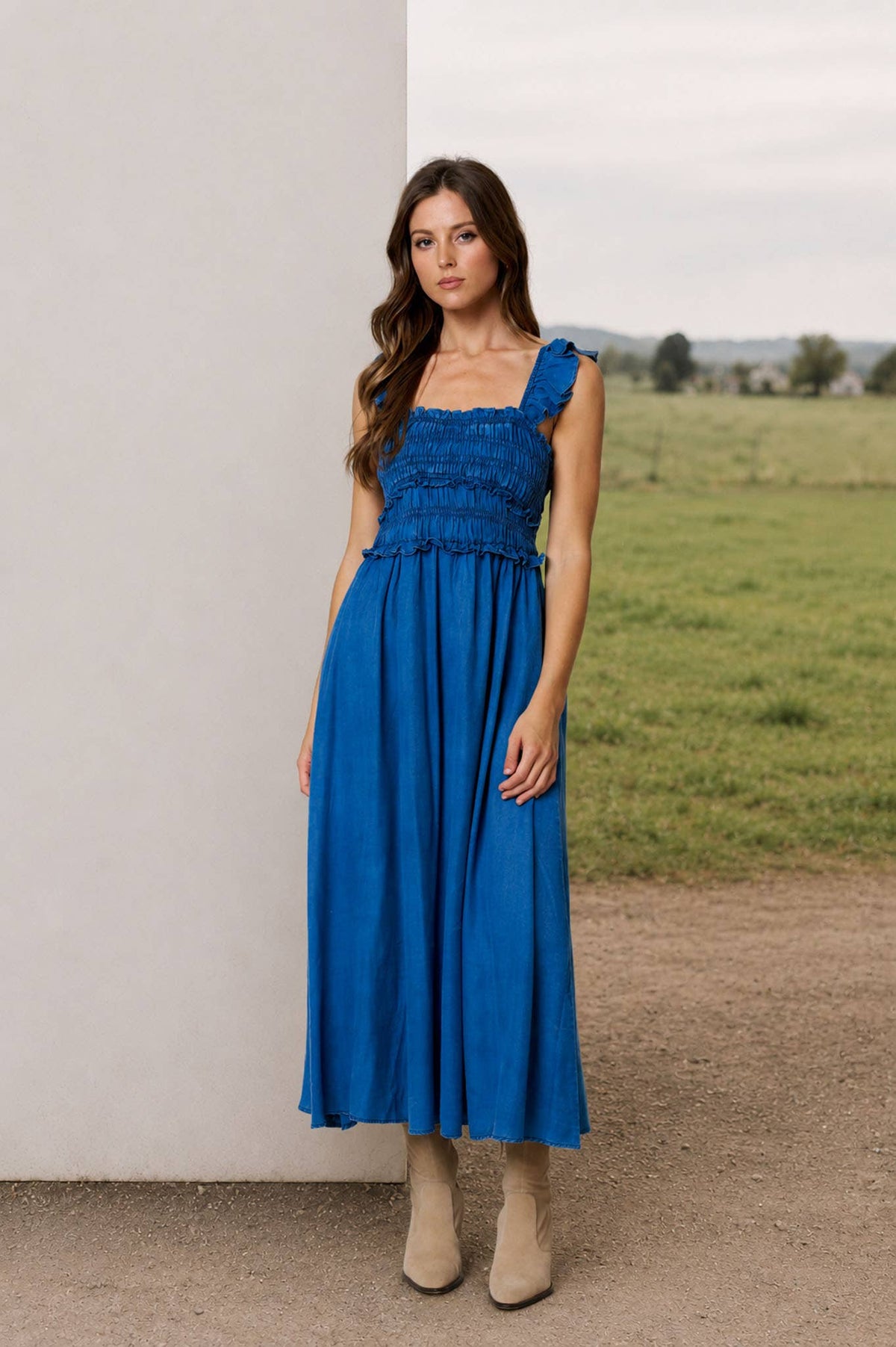 Blu Pepper - Smocked Ruffle Strap Denim Dress