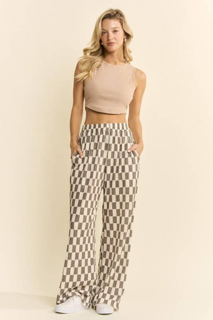 Retro Checkered Wide Leg Pants - Olive + Cream