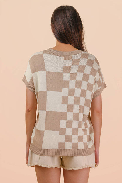 Dolman Sleeve Checkered Knit Casual Sweater Top