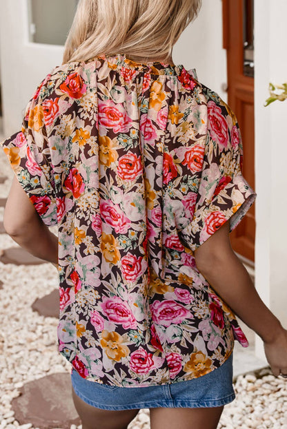 LDC Floral Print Crew Neck Short Sleeve Shift Blouse