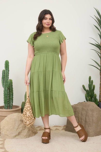 PLUS SMOCKED TIERED MIDI DRESS