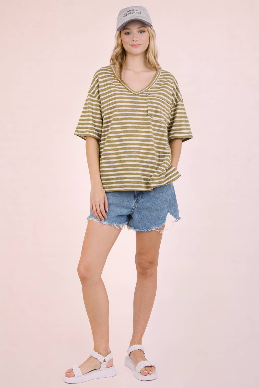Oversized Olive Stripe V-Neck Knit Top