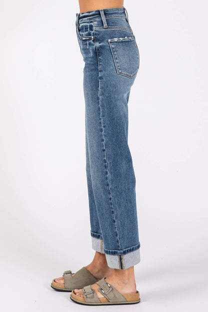 Medium High Rise Stretch Relaxed Straight w/ Cuffed Hem Jeans