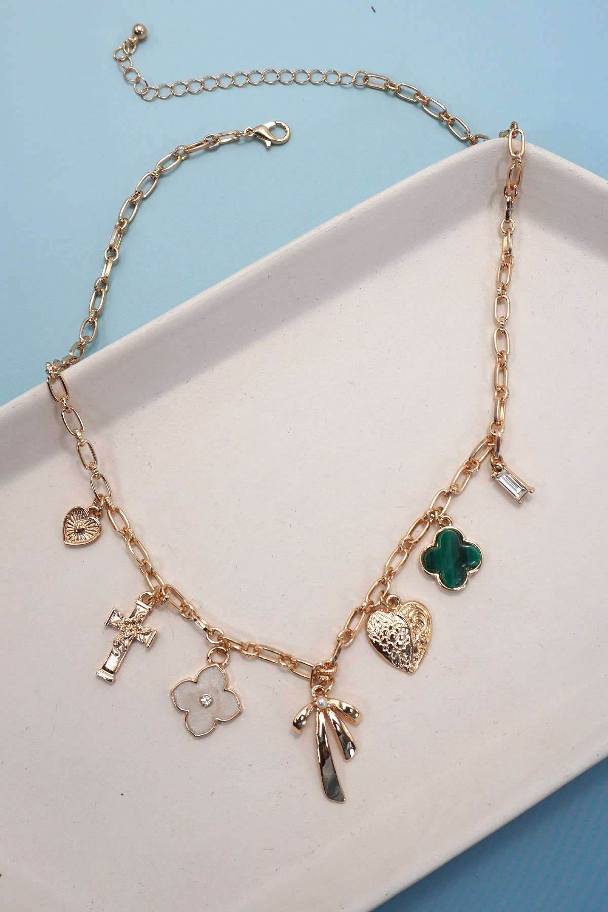 Charm Necklace - Green, Clover, Bow, Heart