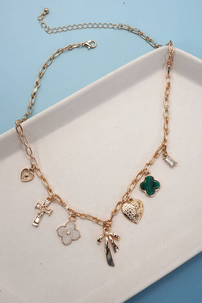 Charm Necklace - Green, Clover, Bow, Heart
