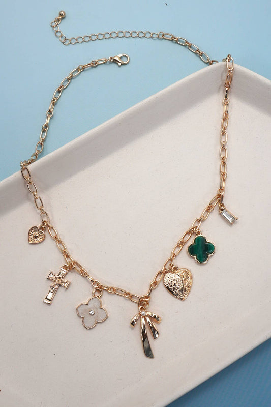 Charm Necklace - Green, Clover, Bow, Heart