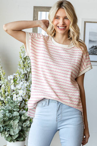 Pink Stripe Textured Short Sleeve Top