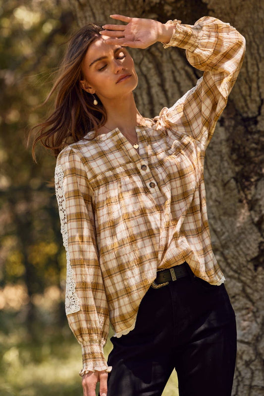 Lace& Plaid Combo Long Sleeve Blouse