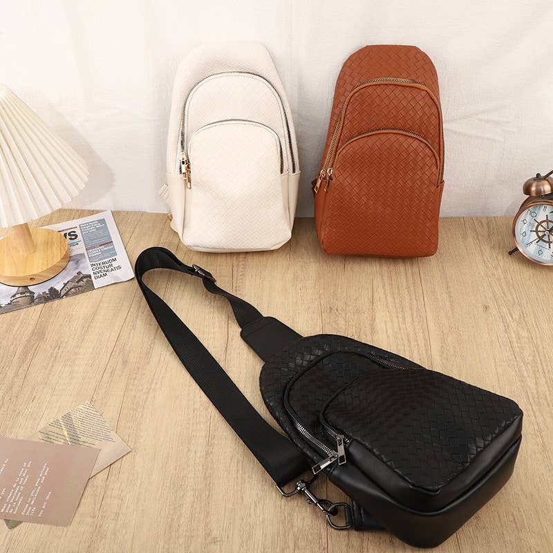 BRAIDED WEAVE VEGAN SLING CROSSBODY STADIUM BAG | 40P542