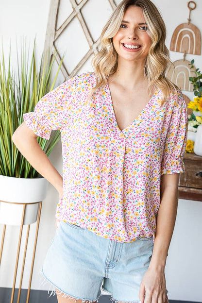 Tiny Flower Print V-Neck Ruffled Puff Sleeve Blouse T5051