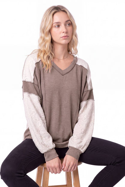 7th Ray - Lace Contrast Color Block Long Sleeve Top
