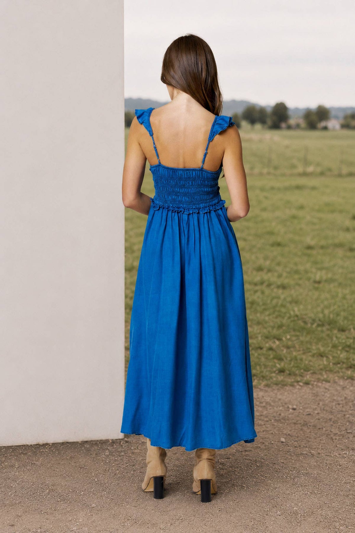 Blu Pepper - Smocked Ruffle Strap Denim Dress