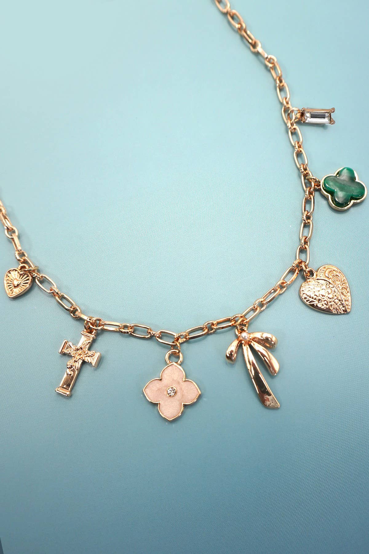 Charm Necklace - Green, Clover, Bow, Heart