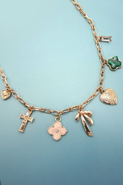 Charm Necklace - Green, Clover, Bow, Heart