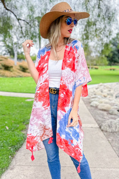 Coral Multi Tie Dye Printed Kimono Cover Up With Tassel