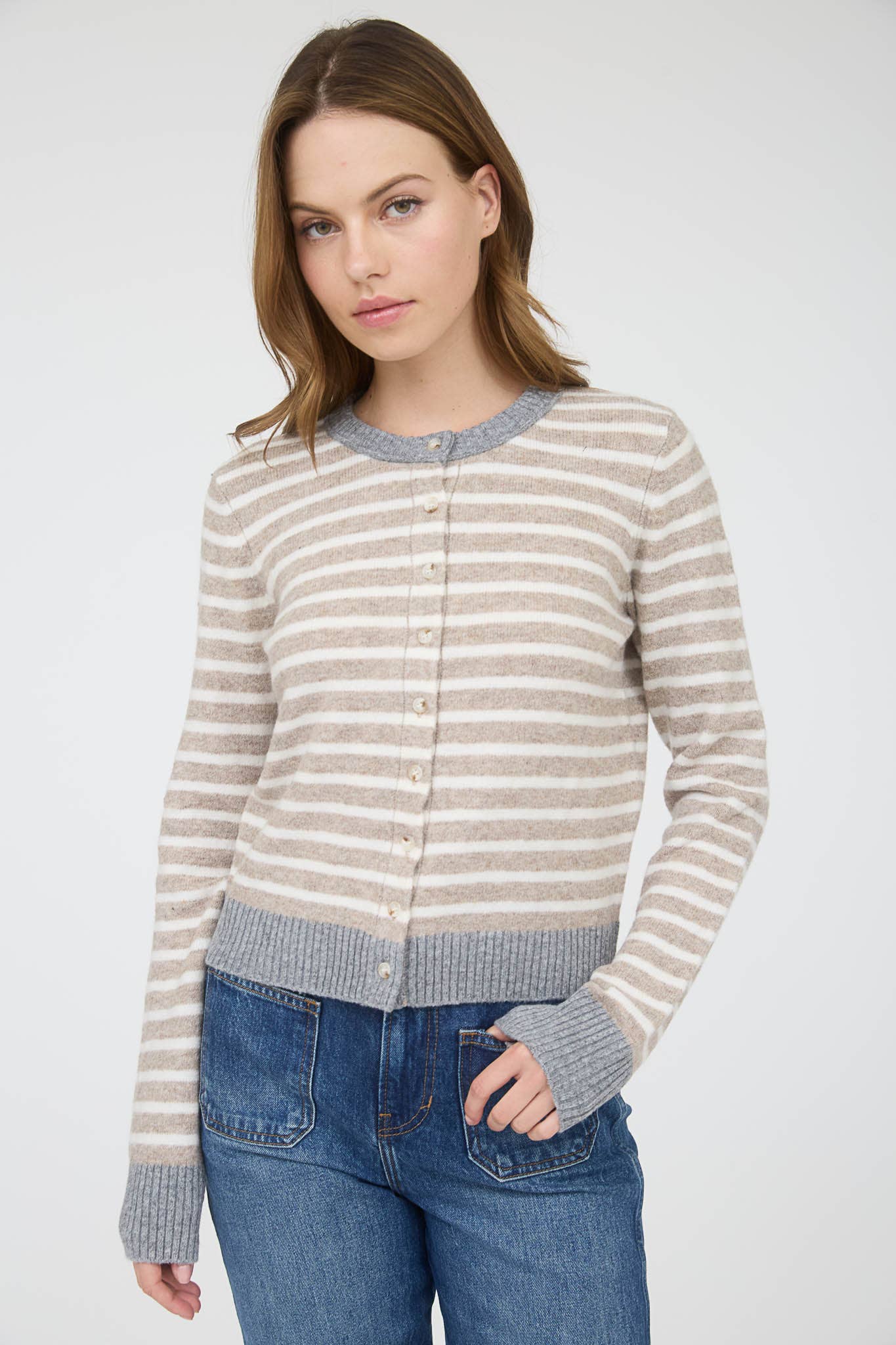 STRIPE COLORBLOCK TRIM BUTTON DOWN KNIT CARDIGAN