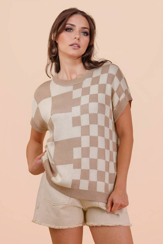 Dolman Sleeve Checkered Knit Casual Sweater Top