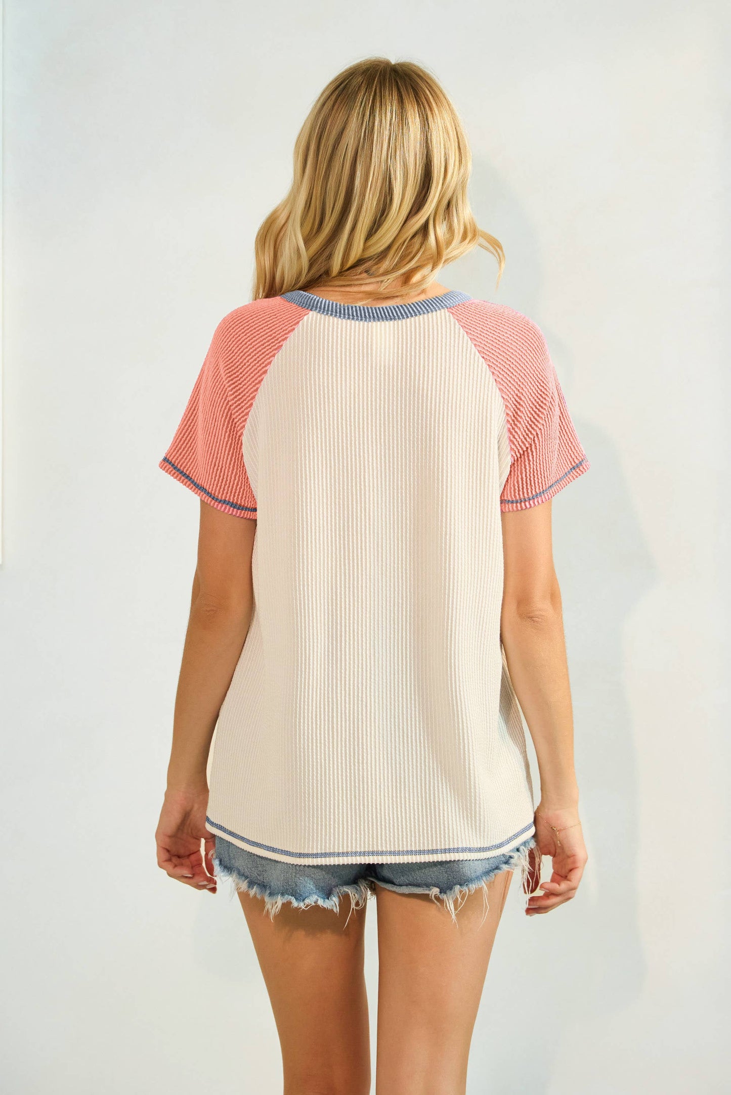 Color Block Button Front Raglan Short Sleeve Top T5954
