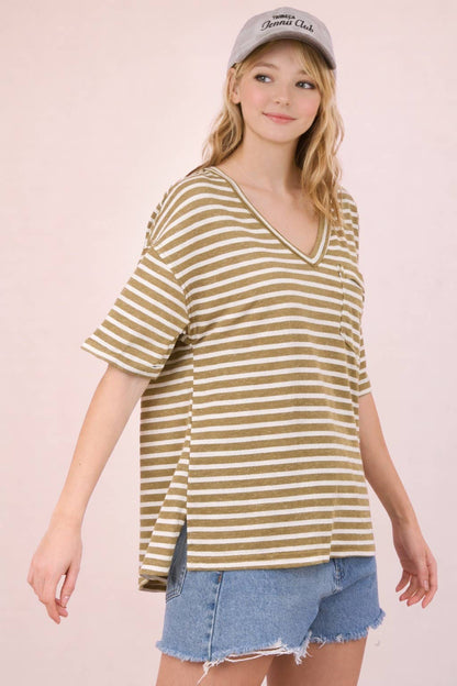 Oversized Olive Stripe V-Neck Knit Top