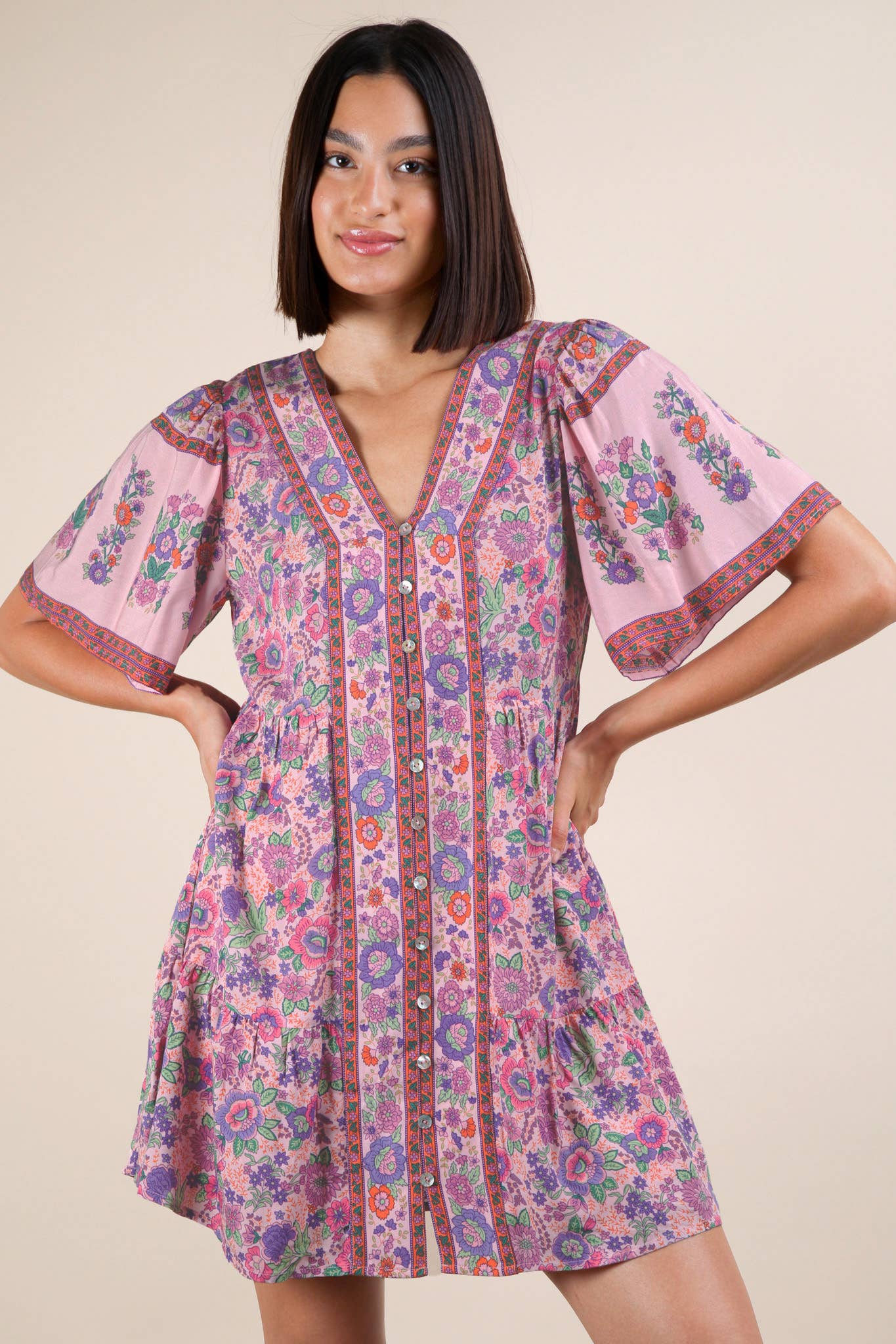 Shirring Detail Printed Woven Mini Dress