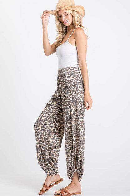 Leopard Print Lightweight Split Side Ankle Tie Pants P3377