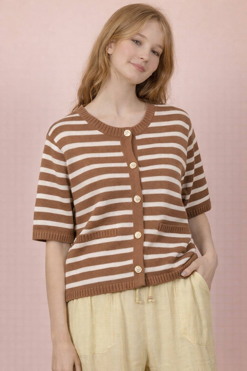 Stripe Button Down Knit Sweater Top - Taupe