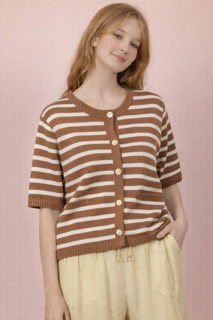 Stripe Button Down Knit Sweater Top - Taupe